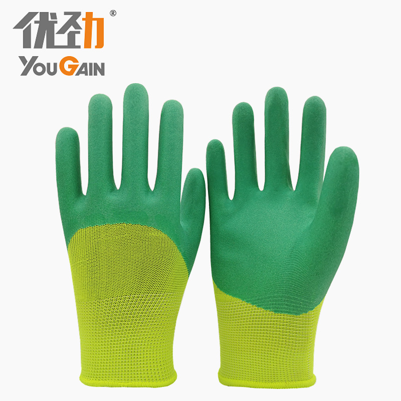 尼龙手套批发透气王乳胶发泡3/4浸胶劳保手套止滑透气干活手套