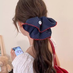 韩系波浪花边藏青色波点发圈大肠圈复古少女侧马尾皮筋发绳发饰