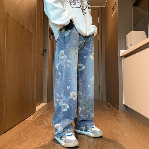 American street print denim jeans for men, autumn trend brand vibe style loose matchable design sense floor-length wide-leg pants