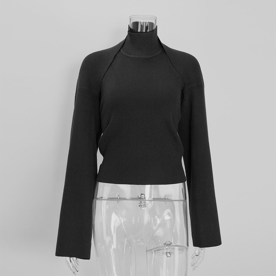 Bộ hai món áo len cổ cao trễ vai kèm áo cardigan dáng ôm, tay loe — Màu trắng, màu đen, màu đỏ chi tiết 25