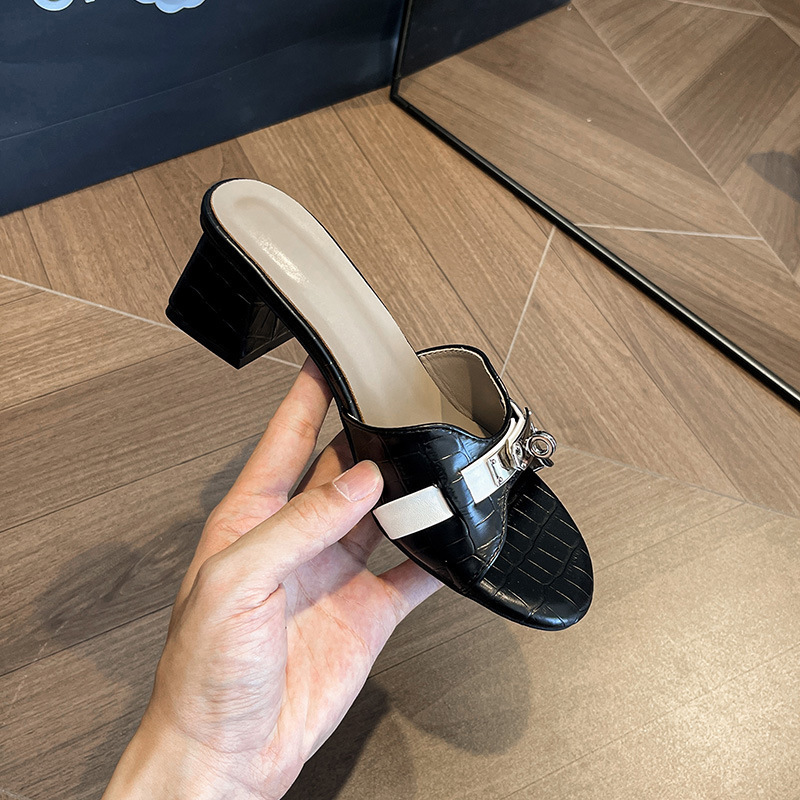 Small gold buckle crocodile pattern Korean style high heel slippers women's summer soft bottom beach mid heel sandals