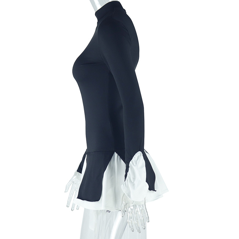 Sweet Fresh A line Dress Turtleneck Bell Sleeve Short Dress Faux Two Pieces Women Clothing