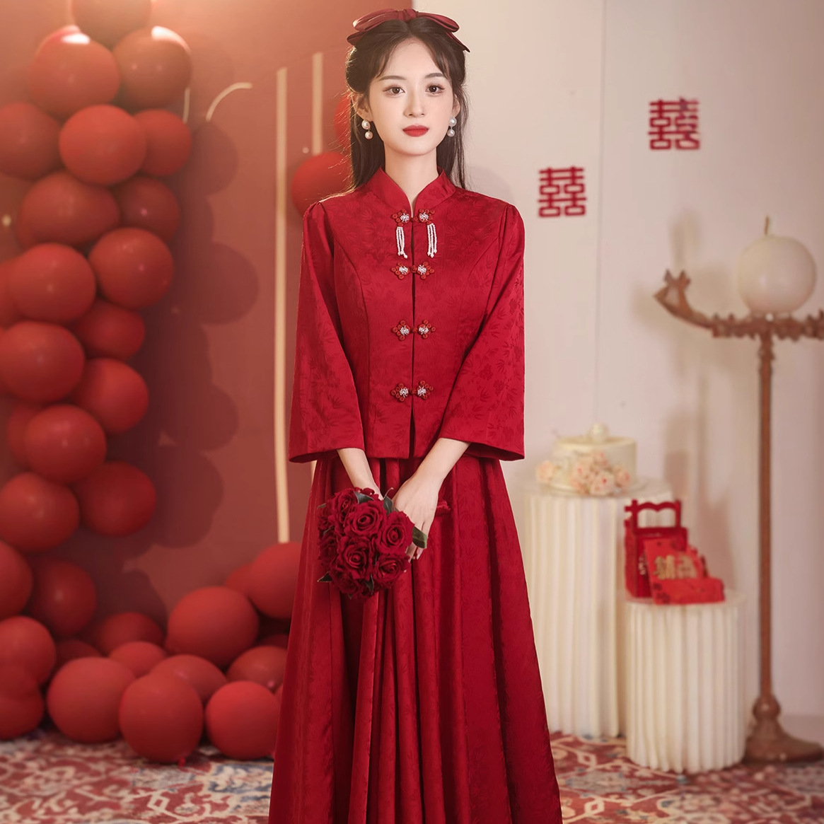 New Chinese-Style Toast Dress for the Bride 2026 New Long-Sleeved Cheongsam Long Vintage Engagement Dress Suit