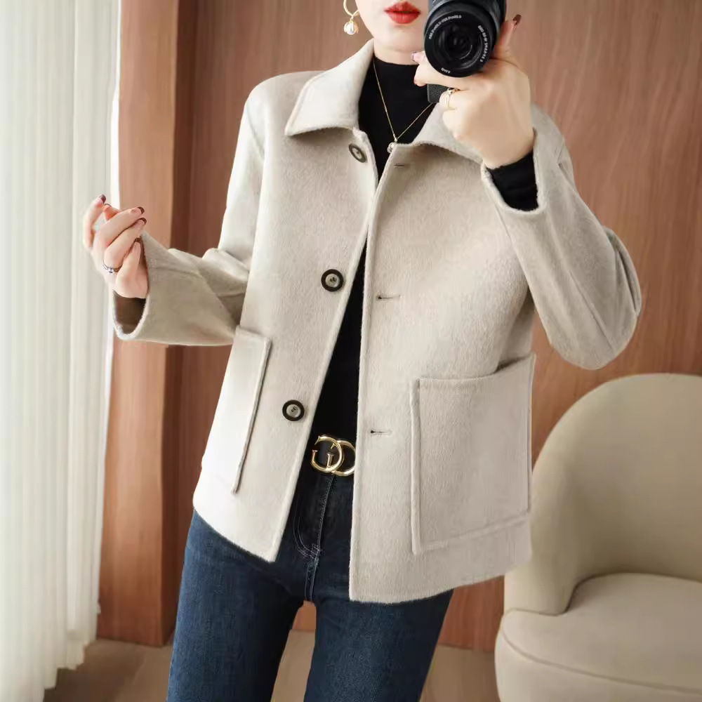 2025년 신상 가을 겨울 여성용 양면 모직 코트, 하이엔드 소형 단색 모직 코트, 짧은 스타일