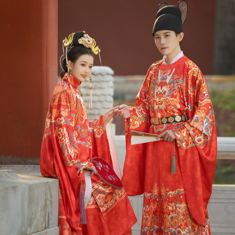 新款成人汉服明制立领汉服一片马面裙中式花嫁婚服情侣套装红色服