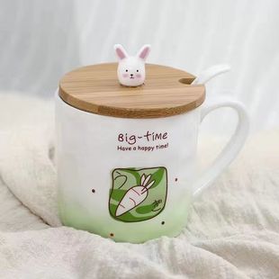 Ins Harajuku Style Ceramic Cup Girly Heart High-Looking Cup Cute Cartoon Creative Mug Lid Spoon Breakfast Cup