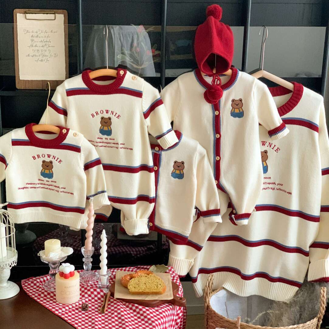 高端秋冬亲子装毛衣一家三口母女婴儿卡通小熊条纹针织衫过年母子