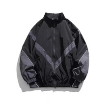 美式潮牌嵌线反光拼接立领拉链外套秋季冲锋衣宽松休闲夹克男薄款
