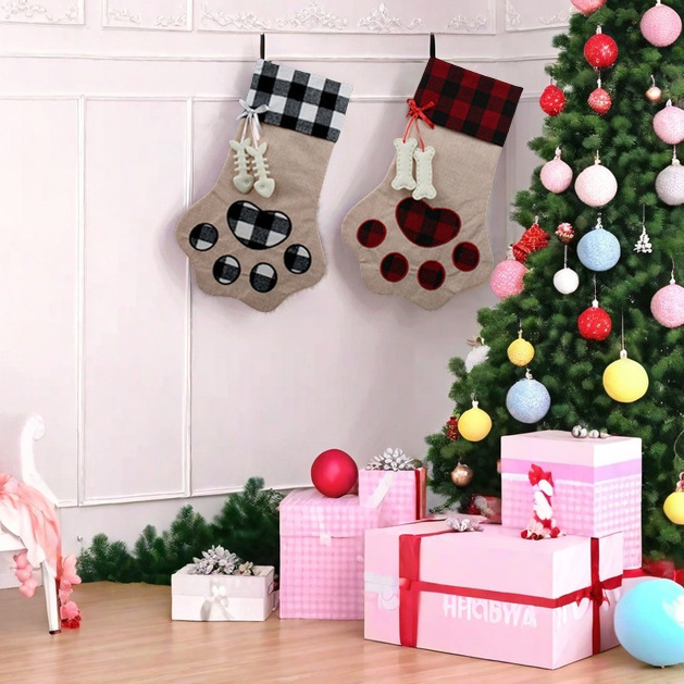 アマゾンクリスマス装飾用品クリスマス靴下プレゼント袋犬爪クリスマス靴下格子縞布骨靴下|undefined