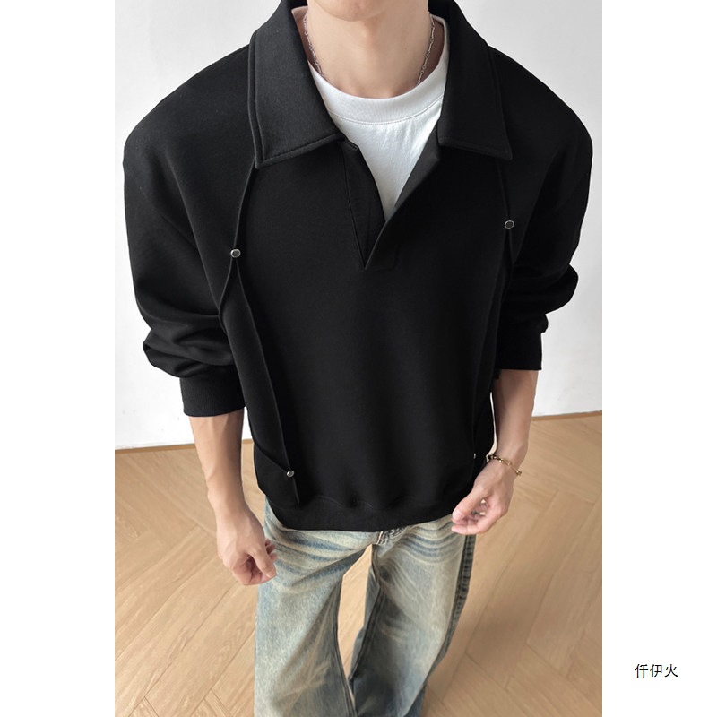 Long-sleeved loose-fit two-piece style deconstructed polo shirt for men, plus size, 2026 new collection, seagull design, T-shirt collar