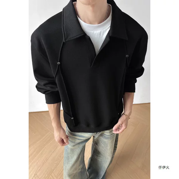 Long-sleeved loose-fit two-piece style deconstructed polo shirt for men, plus size, 2026 new collection, seagull design, T-shirt collar