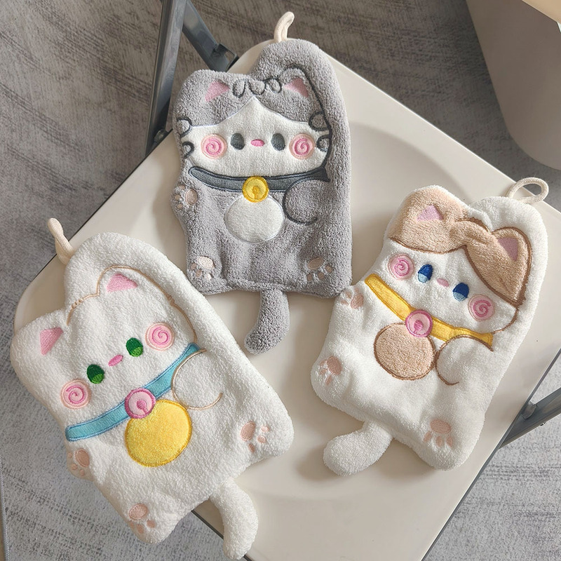 Cute Cartoon Cat Coral Fleece Hand Towel for Home Kitchen, Hanging Type, Absorbent, Thickened, Cartoon Children's Gift Cute Cartoon Cat Coral Fleece Hand Towel for Home Kitchen, Hanging Type, Absorbent, Thickened, Cartoon Children's Gift