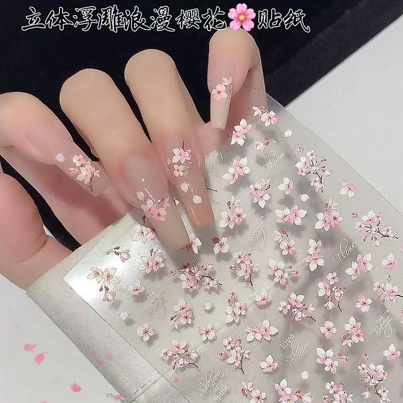 New Nail Art Cherry Blossom Stickers Spring Sakura Three-Dimensional Relief Decals Pink Girly Heart Peach Blossom Spring Nail Stickers