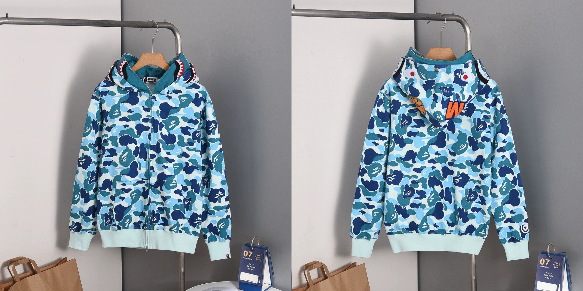 (Cross-border trading), camouflage cloth, shark, sweatshirt with hood with zipper, with embroidery