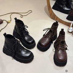 欧洲站女鞋25秋冬时尚软头层牛皮圆头系带休闲轻厚低筒马丁靴短靴