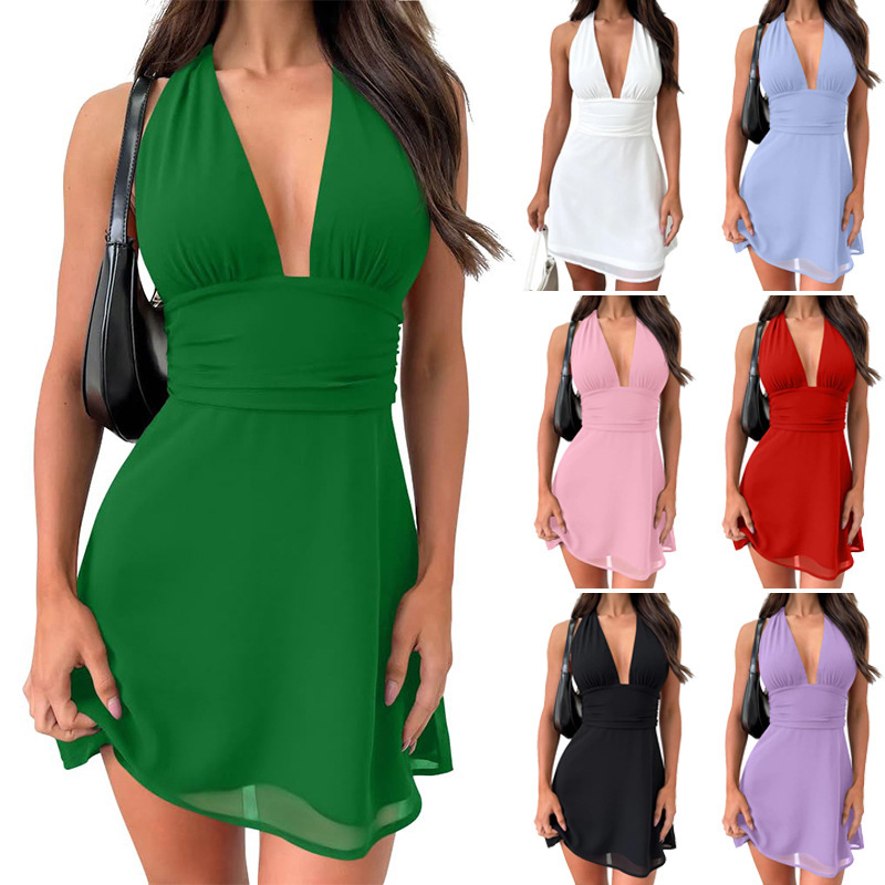 Spot European and American Cross-Border Women's Clothing Strappy Deep V Tight Skirt Sexy Sexy Backless Strappy Waist Dress