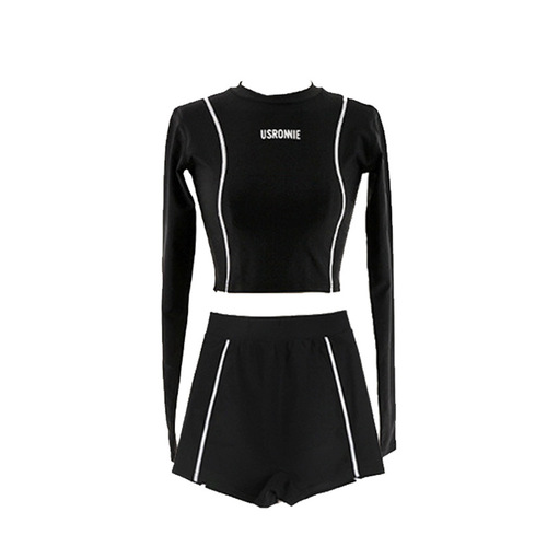 Women's one-piece swimsuit boxer shorts long-sleeved sun protection conservative high waist slim sexy swimsuit hot spring beach swimsuit