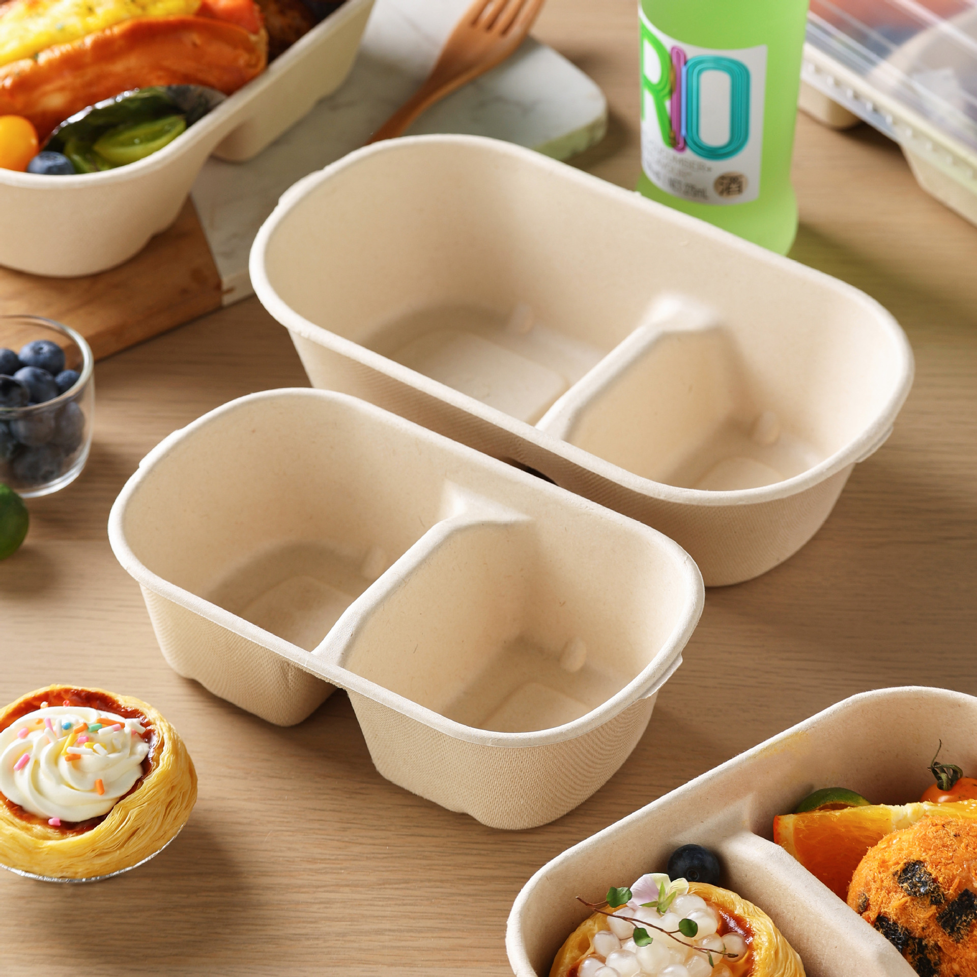 Caja de embalaje de frutas, caja de comidas desechable, viaje de primavera, picnic, camping, comida ligera, arroz cortado, doble división al aire libre