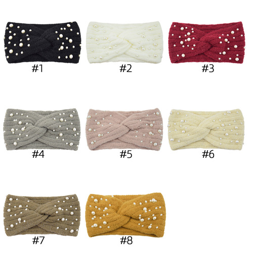 European and American Intersecting Pearl Headband Knitted Warm Wool Headband Autumn and Winter Hair Tie Double Knit Hair Accessory