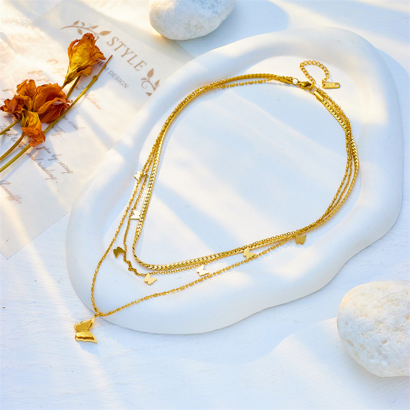Titanium Steel Chain Material IG Style Sweet Butterfly Titanium Steel Wholesale Three Layer Necklace