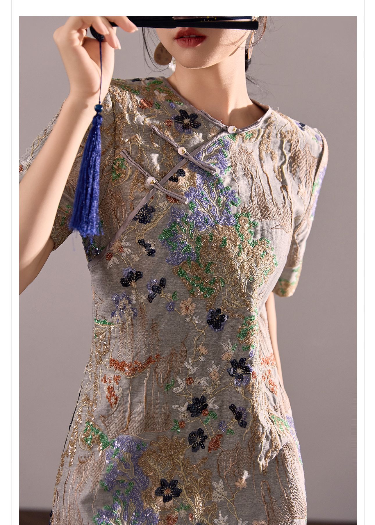 Váy ngắn thêu sequin phong cách Trung Hoa mới mùa hè M4239 — Màu xám chi tiết 13