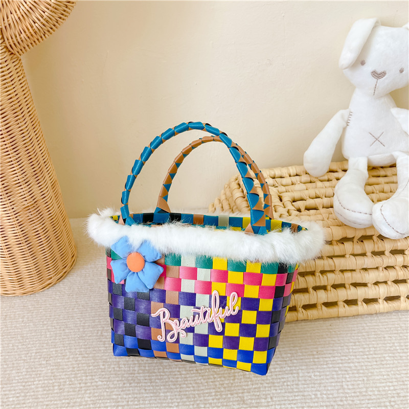 Nueva cesta de alimentos Internet celebridad bolso mano-llevar a cuadros Arco Iris tejido pequeño bolso cuadrado de las niñas de dibujos animados de ajedrez bandeja de almacenamiento bolsa