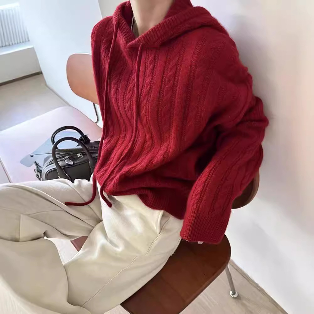 Autumn and Winter New Style 100% Pure Wool Sweater Women's Buttoned Pure Color Hooded Sweatshirt Loose Slimming Look Wool Knitted Bottoming Shirt