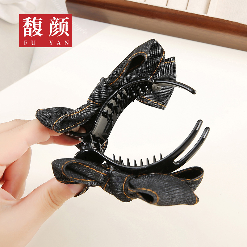 韩式发夹发饰女高级感简约牛仔蝴蝶结抓夹后脑勺鲨鱼夹子头饰批发|undefined