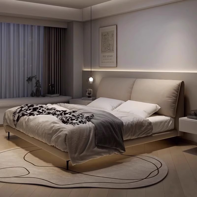 Cama de cuero ligera de lujo italiana, cama de orejas de elefante moderna y simple, cama principal de alta gama, atmósfera doble, cama de boda doméstica.