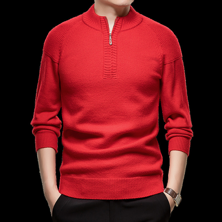 Otoño y invierno nueva temporada de cremallera de cuello alto hombre grueso de mediana edad jersey de punto delgado color sólido simple jersey de punto
