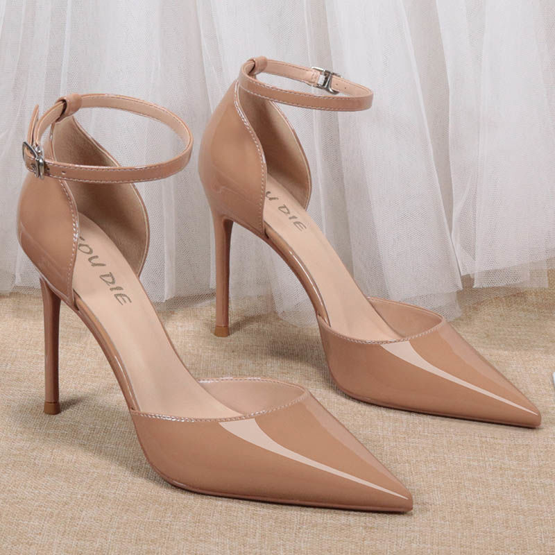 Summer New Patent Leather Pointed Toe Shallow Mouth Stiletto Heels, Elegant Dark Nude Color, One-Line Buckle Hollow Sandals for Women Summer New Patent Leather Pointed Toe Shallow Mouth Stiletto Heels, Elegant Dark Nude Color, One-Line Buckle Hollow Sandals for Women