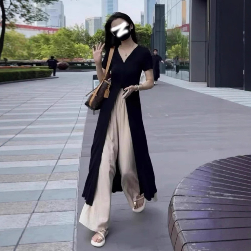 Short-Sleeved Ice Silk Knitwear, Thin Mid-Length Slit Sun Protection Top for Women, New Summer Style Layered T-Shirt Dress