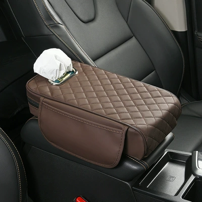 Armrest box pad — Pad, Diamond-Patterned Leather, Widened and - brown-8cm-heightening-pad-storage-bags-on-both-sides-tissue-box