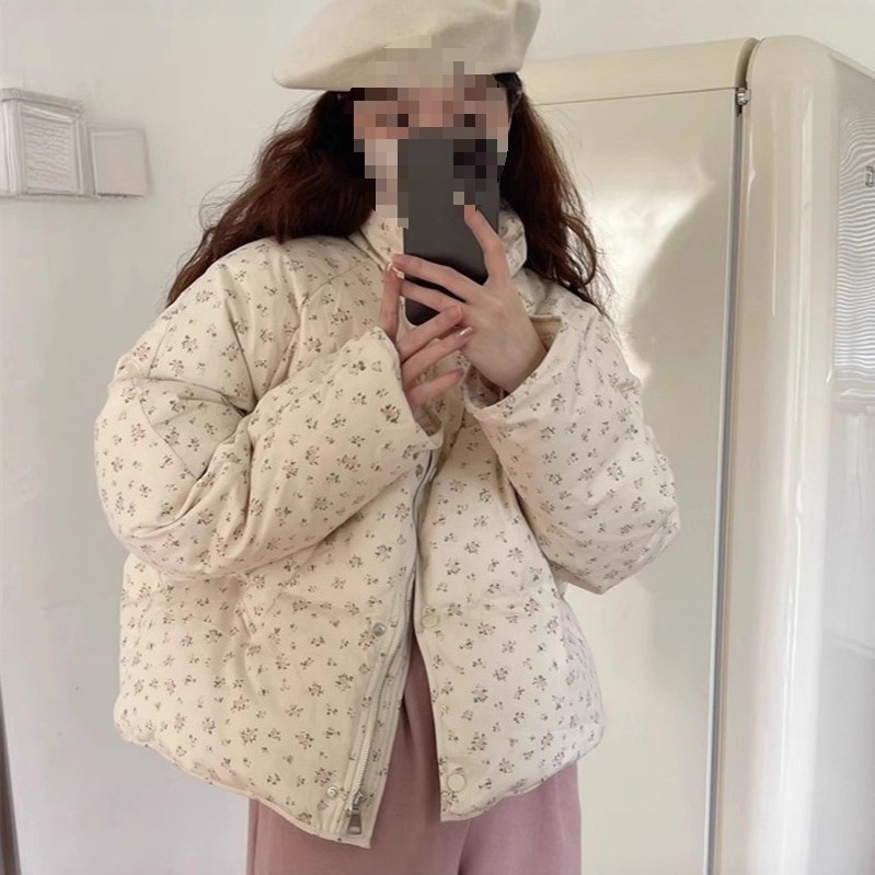 跨境羽绒服女短款2025冬季新款小个子碎花清新甜美立领面包服加厚