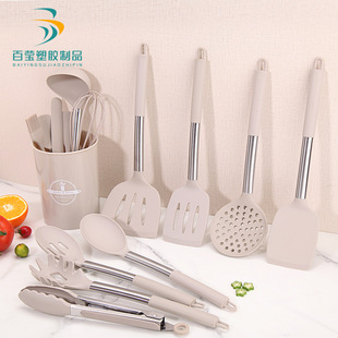 Silicone Kitchenware 15-Piece Stainless Steel Tube Handle Set Non-Stick Cooking Spatula Food Grade Kitchen Baking Utensils