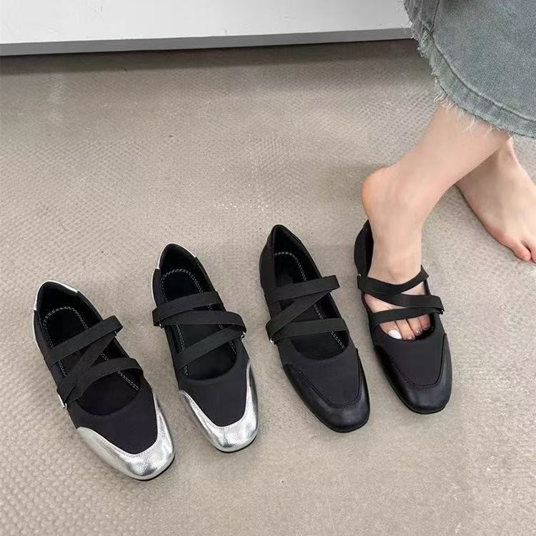 2026 primavera y otoño nuevos zapatos de ballet superficiales Marizhen elásticos zapatos de suela suave plateados zapatos de cabeza cuadrada zapatos de suela plana para mujeres
