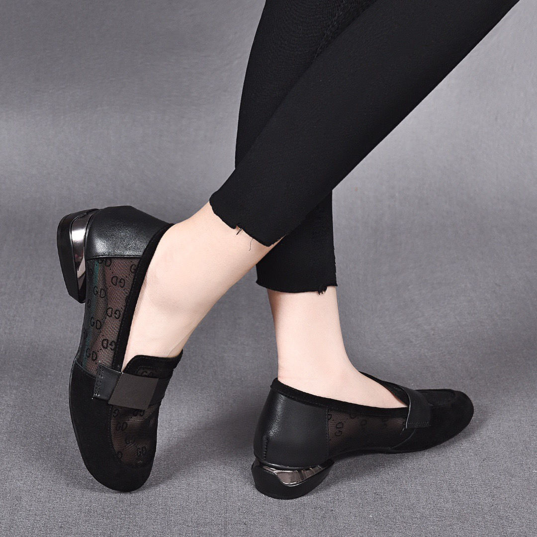 Giày lười nữ mũi tròn da thật lưới thoáng khí đế bằng xỏ chân kiểu mới xuân hè — 225-Màu đỏ rượu chi tiết 8