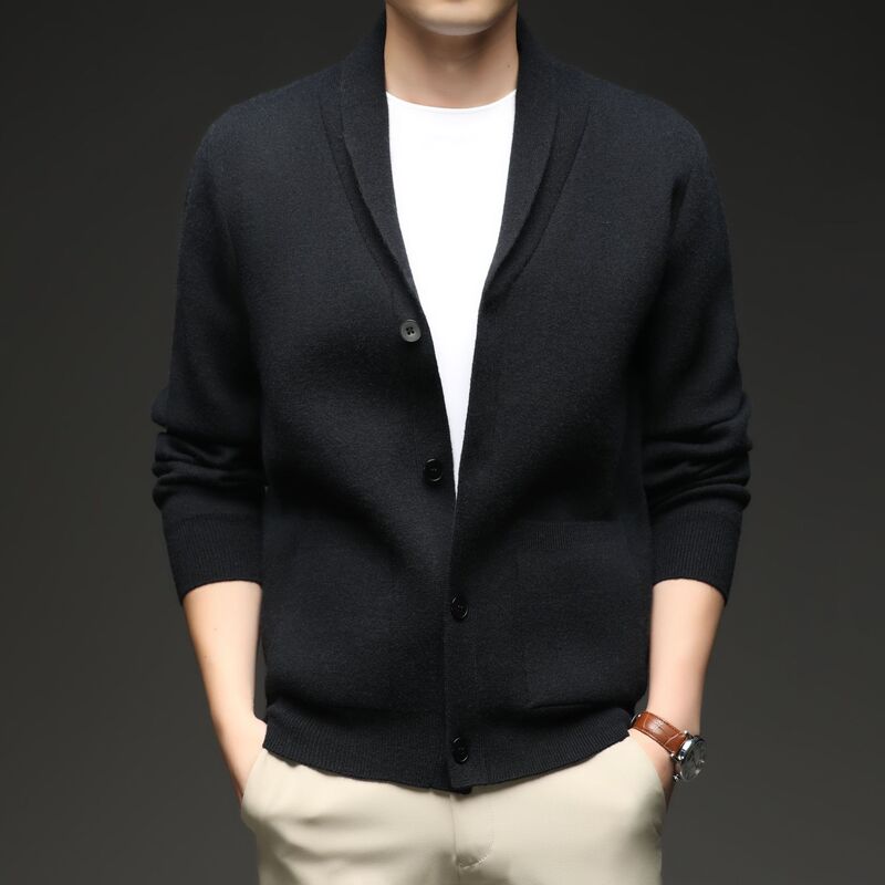 Yingao Foreign Trade Cut Label V-Neck Men's American Loose Trendy Autumn and Winter Thick Solid Color Men's Sweater Jacket Wholesale