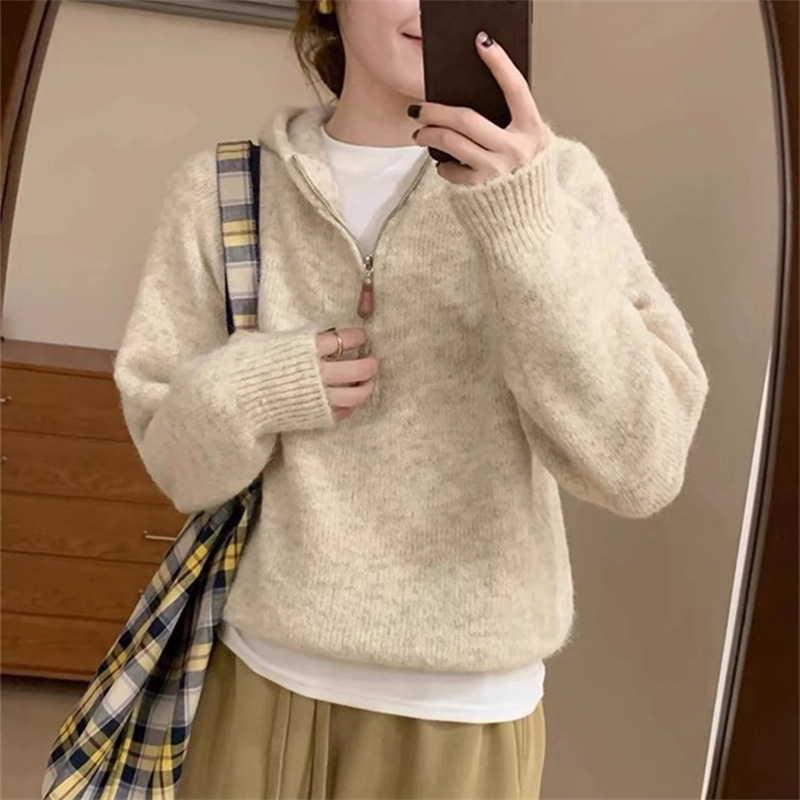 设计感半拉链套头连帽毛衣女秋冬新款韩系宽松纯色软糯气质针织衫|undefined