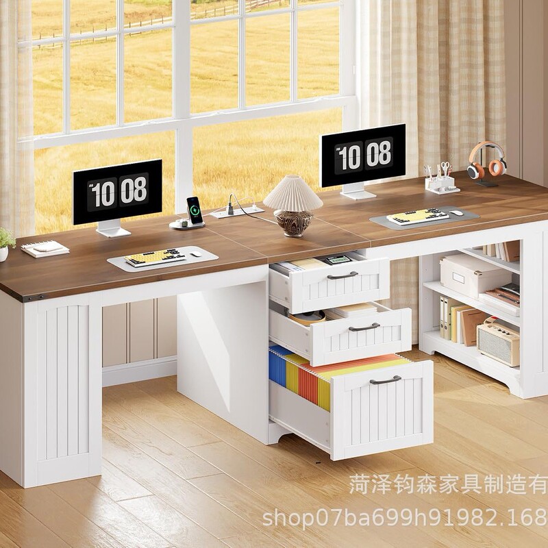 Cross-Border Exclusive Supply of Office Desks L-Shaped Home Office Desk with Charging Station and Storage Cabinet Country-Style Computer Desk