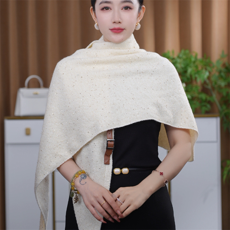 韩版新款洋气时尚百搭羊毛亮片针织披肩空调外搭交叉三角披肩|undefined