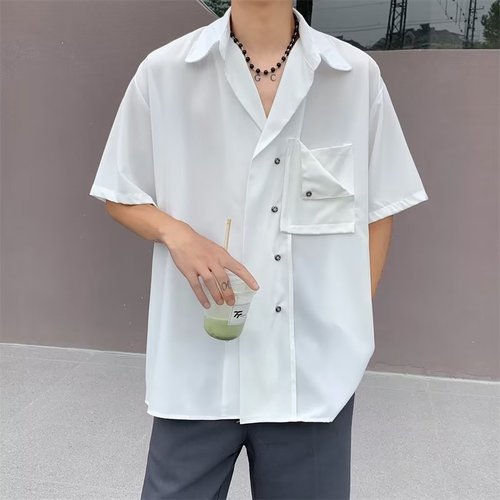 White Ice Silk Short Sleeve Shirt for Men - Summer Thin Model, Cool Style, Relaxed Feel, Draped Collar, British Elegant Cool Men's Clothing