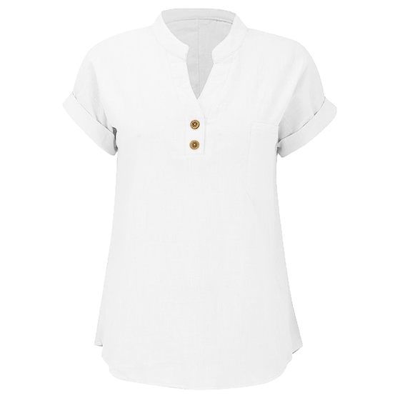 AliExpress 2025 European and American Summer Solid Color Button Short-sleeved Women's Shirt Cotton Linen Washed Breathable Fashion V-neck