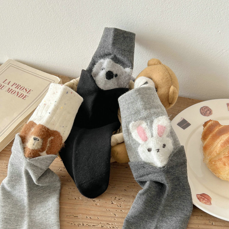 Autumn and Winter New Cute Rabbit Cartoon Flocked Socks for Women, Two-Way Wear, Gray Slouch Socks, Double Cuff, Ribbed Seamless Socks