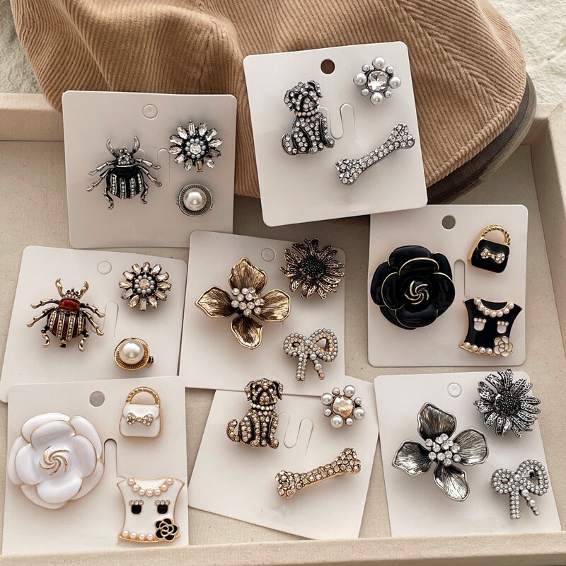 High-End Brooch Set, Vintage Exquisite Texture, Three-Piece Set with Diamond-Encrusted Pearl Pins, Suitable for Suit Jackets
