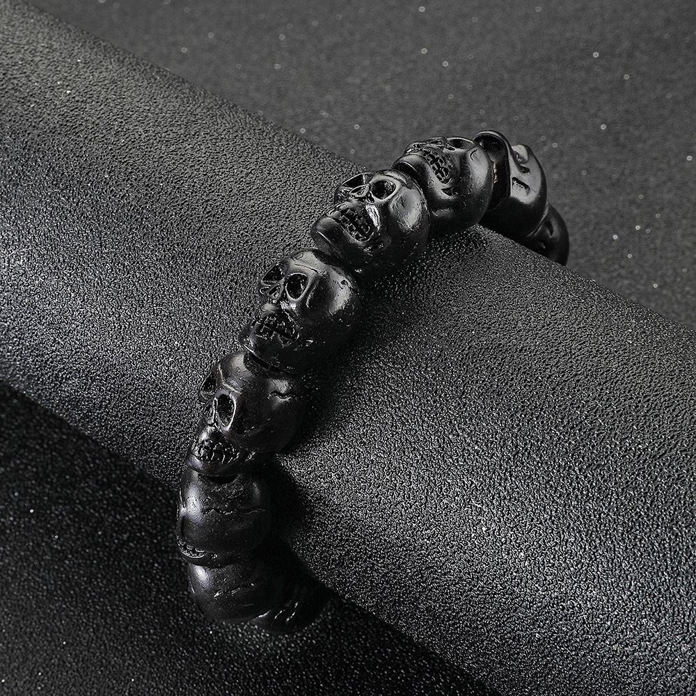 Pulseira masculina retro com caveira e contas estilo punk_voghion.com