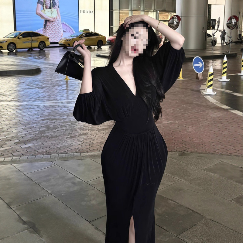 纯欲辣妹V领蓬蓬袖开叉连衣裙女夏季新款修身显瘦高级感包臀长裙|undefined