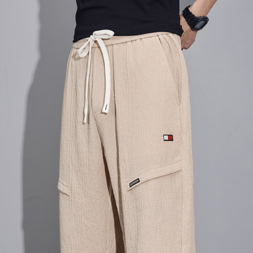 Summer thin straight-leg casual pants for men, elastic versatile business fashion slimming ice silk mid-calf pants for men, five-inch