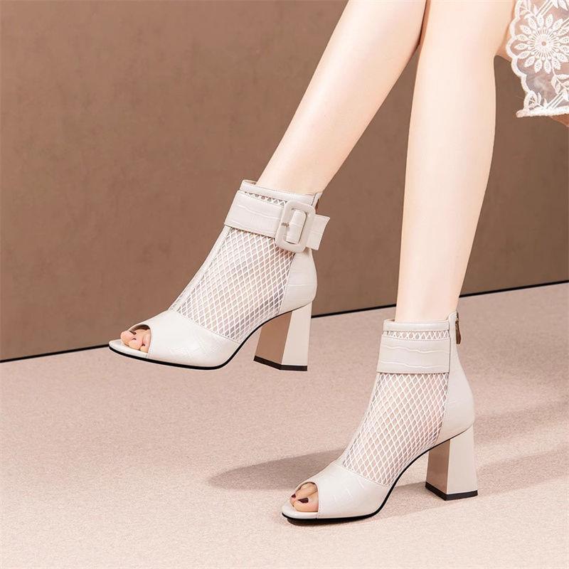 2025 New Summer Style Cut Out Thick Heel High Heel Breathable Mesh Boots Mesh Short Boots Sandals Soft Leather Fish Mouth Boots for Women