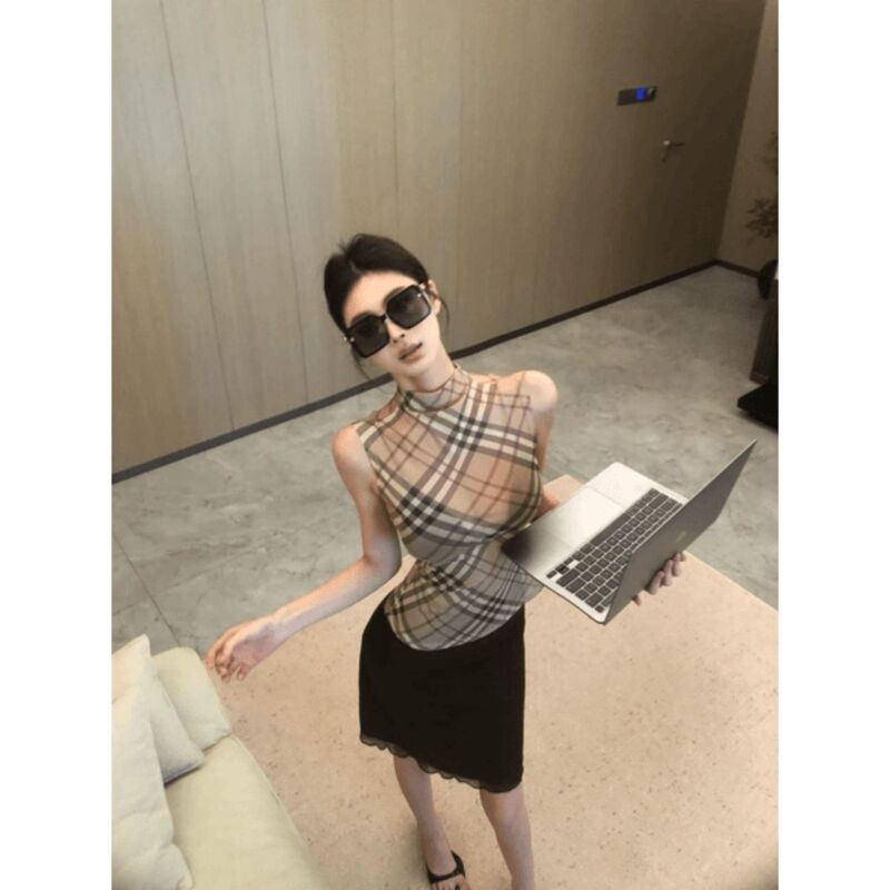 Summer Hot Girl's Pure Lust Style Thin Mesh Contrasting Plaid Printed Sleeveless Top Women's Slim Short Vest Summer Hot Girl's Pure Lust Style Thin Mesh Contrasting Plaid Printed Sleeveless Top Women's Slim Short Vest